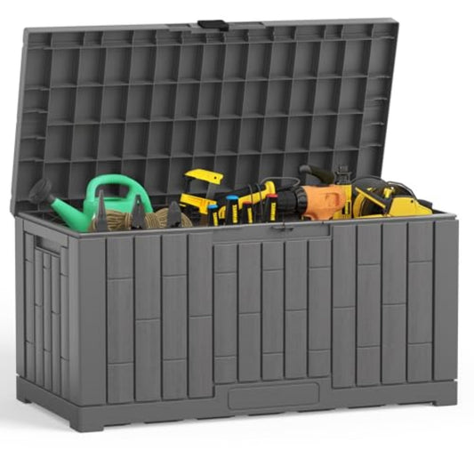 Lockable 60 gallon outdoor deck storage box in UV-resistant black resin