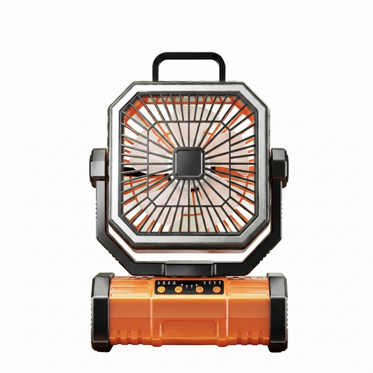 Rechargeable hanging camping fan with LED light and 360 degree rotation