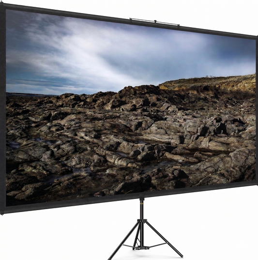 100 inch portable projector screen with height-adjustable tripod stand